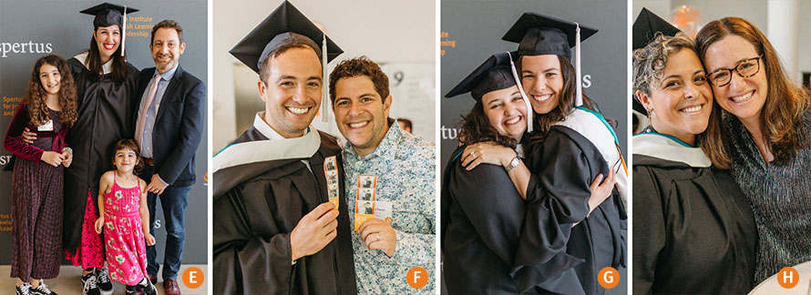 A row of four images showing (left to right): a woman in a graduation cap and gown with her two daughters and husband, two men holding up photobooth strips smiling and one is in a cap and gown, two women both in caps and gowns smiling, a women in a cap in gown hugging Dr. Keren Fraiman