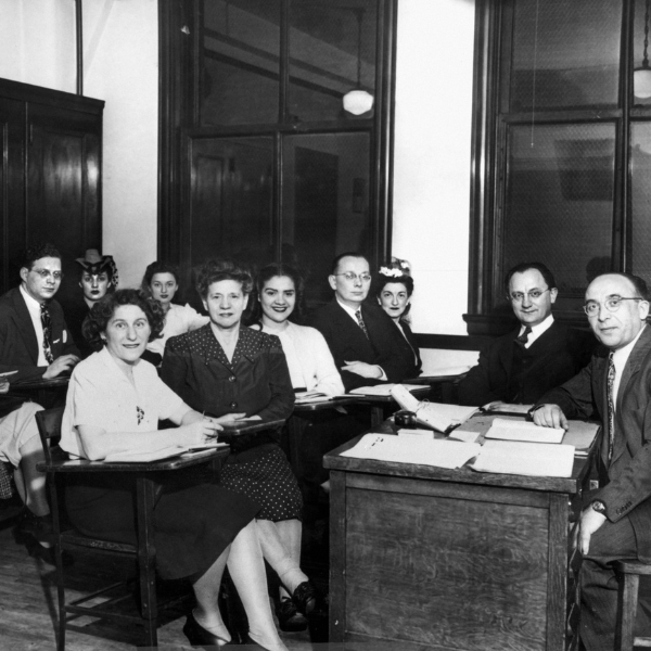 Students gathering for night class circa 1940s