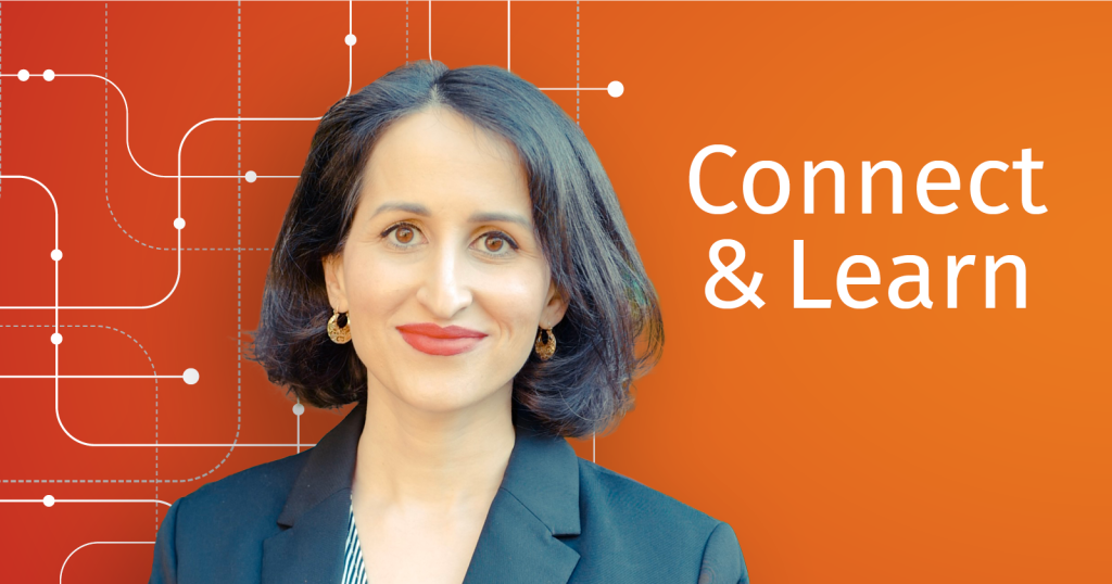 Orange banner with connected curving white lines featuring a headshot of Daniella Farah smiling at the viewer and the text "Connect & Learn"
