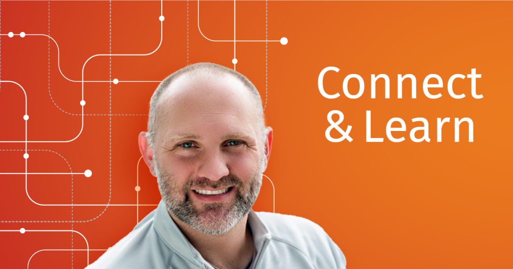 Orange banner with connected curving white lines featuring a headshot of Stefan Teodosic smiling at the viewer and the text "Connect & Learn"