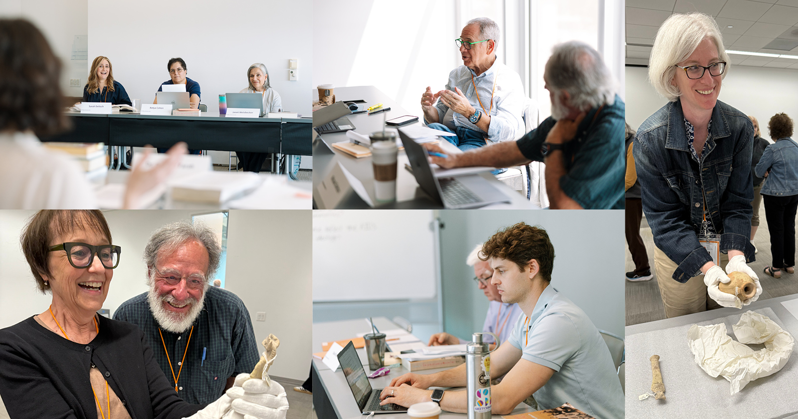 Collage of five photographs featuring Jewish Studies students in class discussion and learning with ancient artifacts