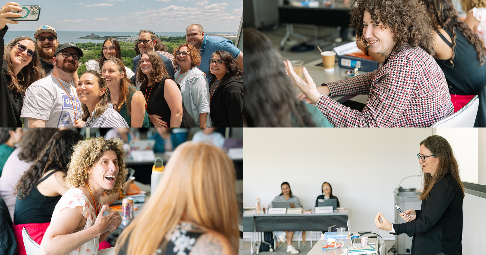 Collage of four photographs of MAJPS students and faculty in class conversation and posing for a group photo on the terrace