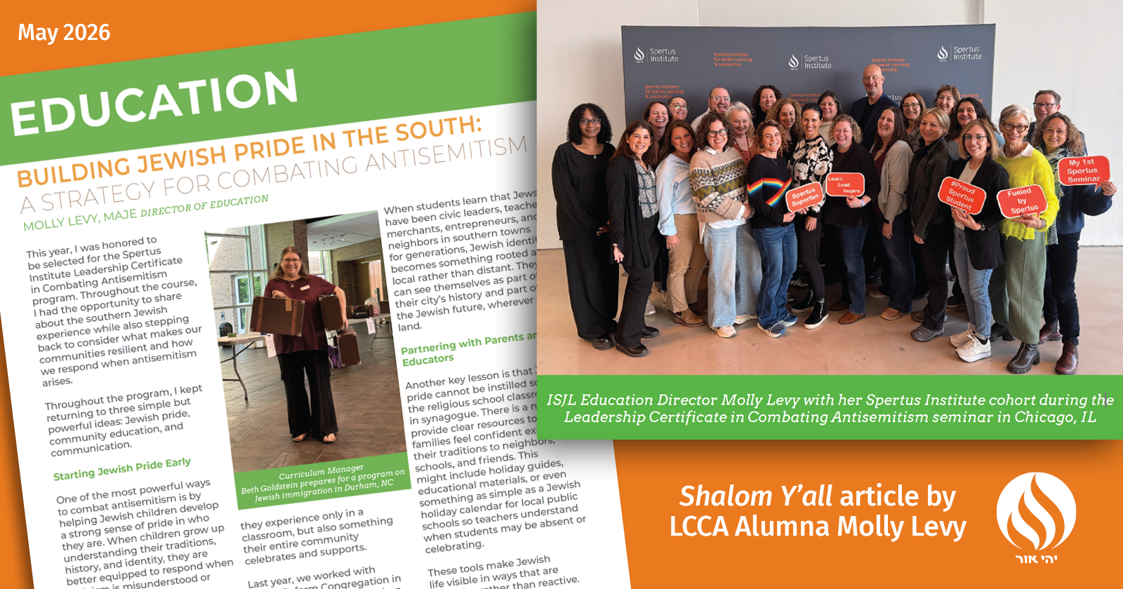A banner featuring LCCA Alumna Molly Levy's article in Shalom Y'all about the LCCA Program, including a group photo of her cohort and a snapshot of the article itself.