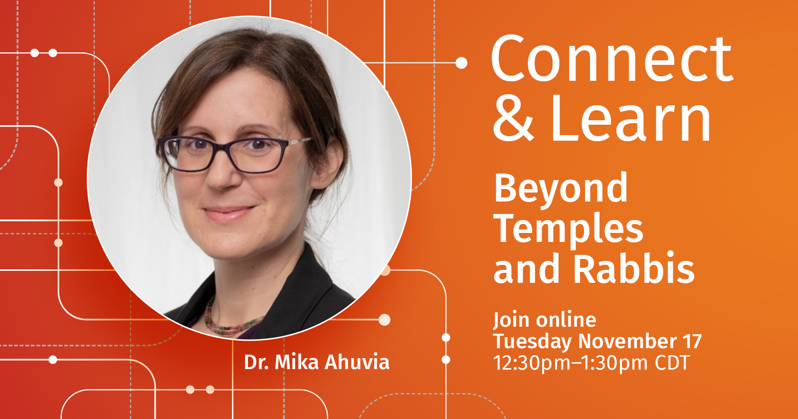 Headshot of Dr. Mika Ahuvia on an orange background, paired with the title of the talk