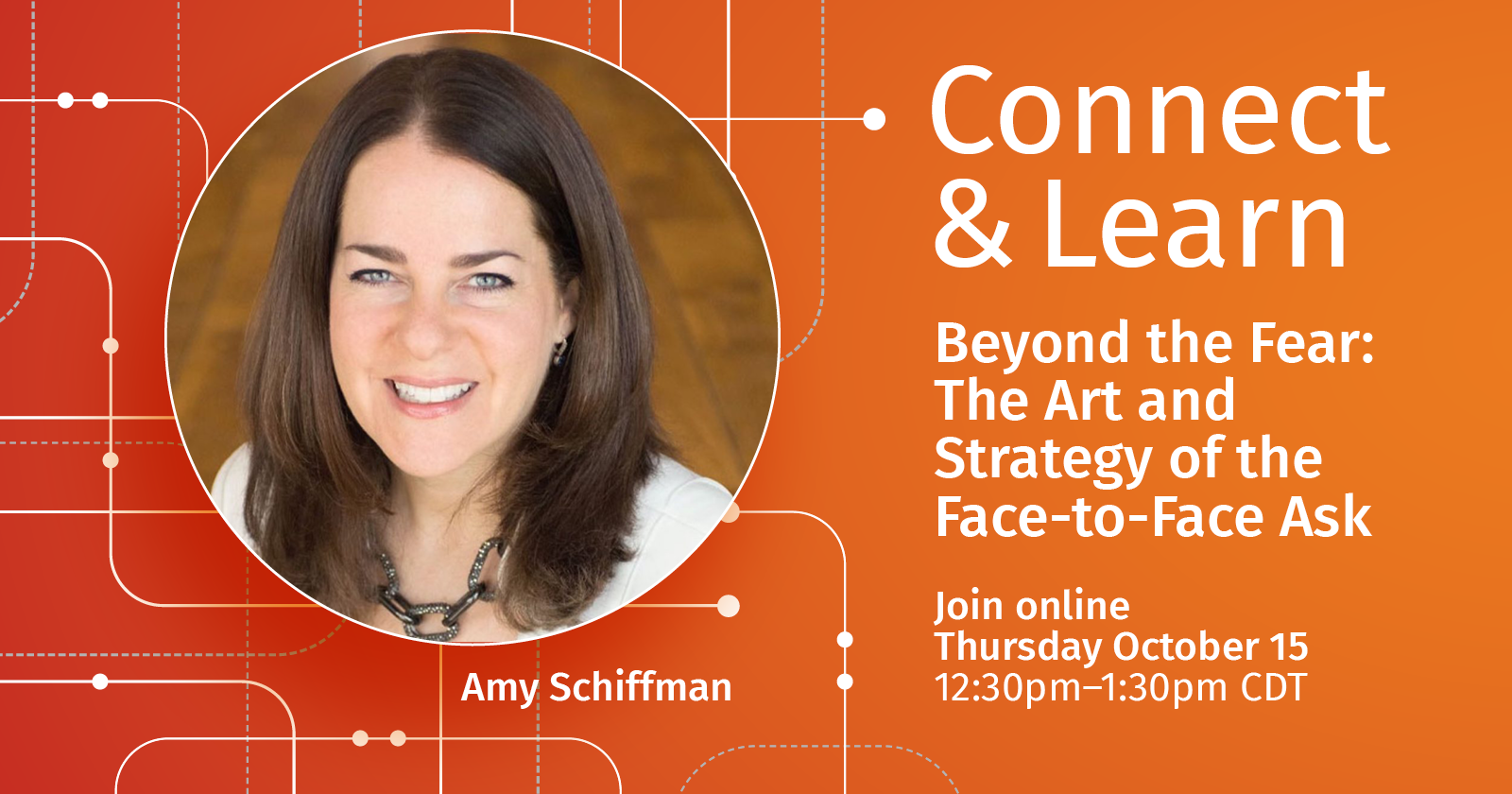Headshot of Amy Schiffman and the program date and time on an orange background