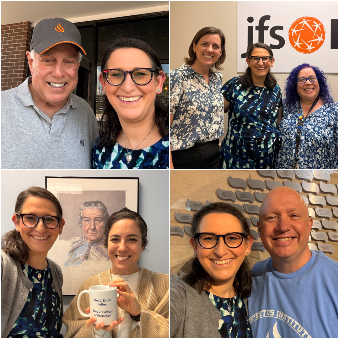 Collage of four photographs of MAJPS students and faculty in class conversation and posing for a group photo on the terrace