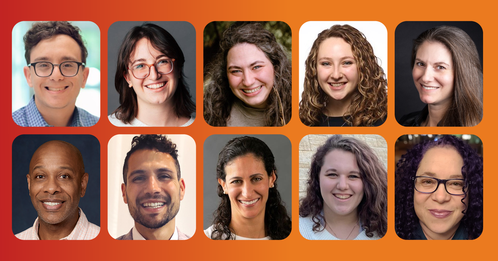 Headshots of ten new students starting the NA 8 program on an orange background
