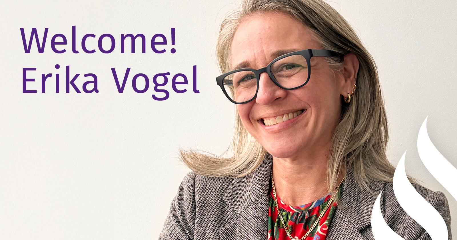 Erika Vogel posing against a gray background, with the text "Welcome! Erika Vogel"